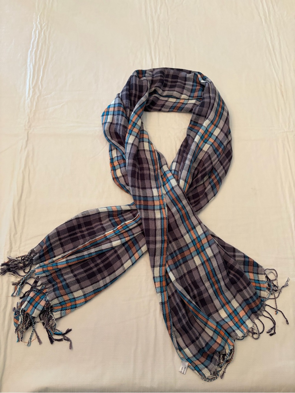 Large Plaid Fringe Scarf in Gray, Blue & Orange